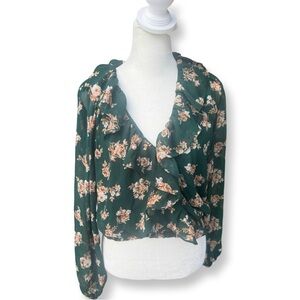 Women’s Lush Rays Peplum cropped blouse green floral S NWT